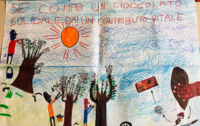 Disegno slogan fatto da un bambino sul cioccolato solidale
