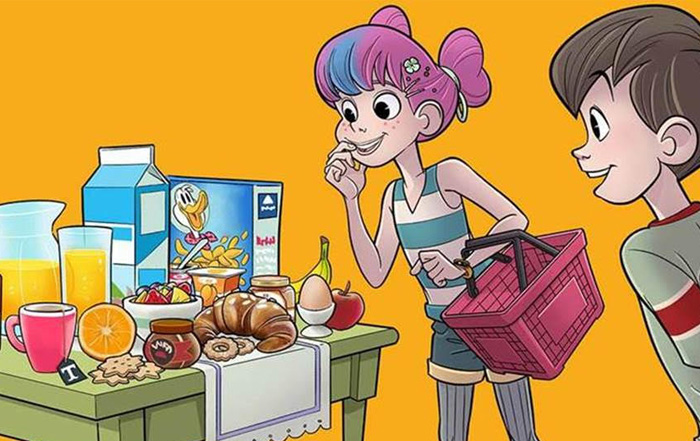 Disegno ragazzi che guardano una tavola piena di cibo per la colazione