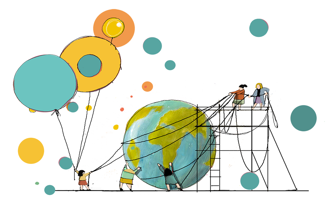 Disegno di bambini su scala che avvolgono la Terra con fili Disegno di bambini su scala che avvolgono la Terra con fili