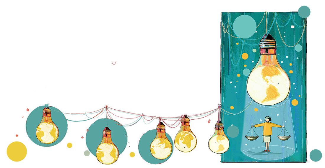 Disegno donna che fa da bilancia e illuminata da una lampadina che è la Terra Disegno donna che fa da bilancia e illuminata da una lampadina che è la Terra