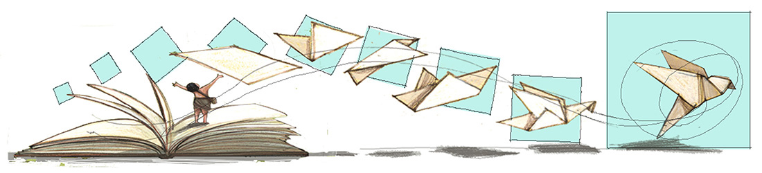 Disegno bambino su libro aperto e uccellino origami