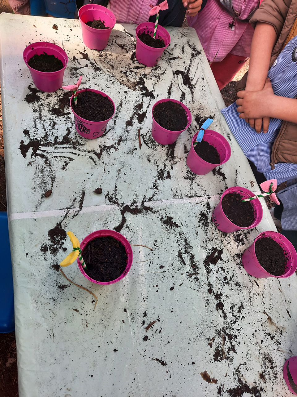 Bambini decorano i loro vasetti pieni di terra