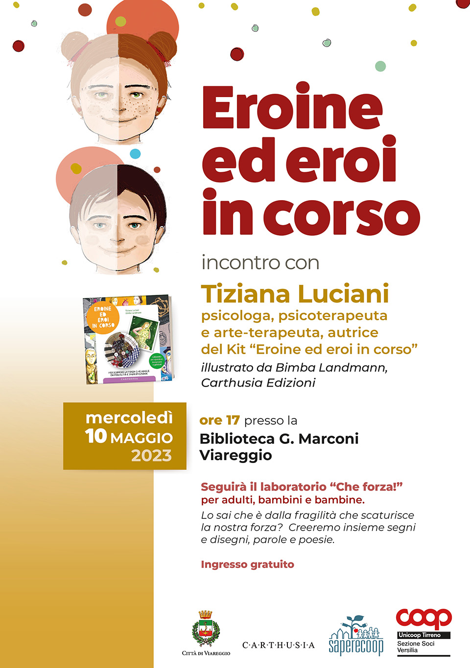 volantino eroine ed eroi in corso, incontro con tiziana luciani. sono raffigurati i volti due bambini