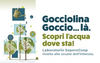 Anteprima volantino dell'iniziativa dal titolo: Gocciolina, goccio... là. Scopri l'acqua dove sta. disegno di alberi che vengono annaffiati da un annaffiatoio.