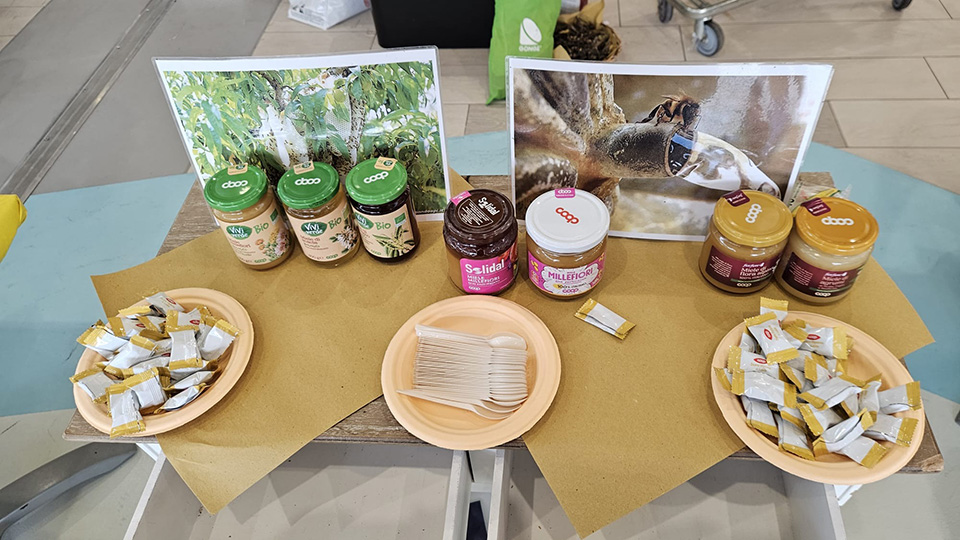 foto di un tavolo su cui sono presenti differenti mieli coop e cucchiaini