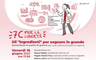 anteprima Volantino 7C per la libertà. Disegno di una donna in camice bianco con varie icone: cloud, big data, ai, mondo e altre