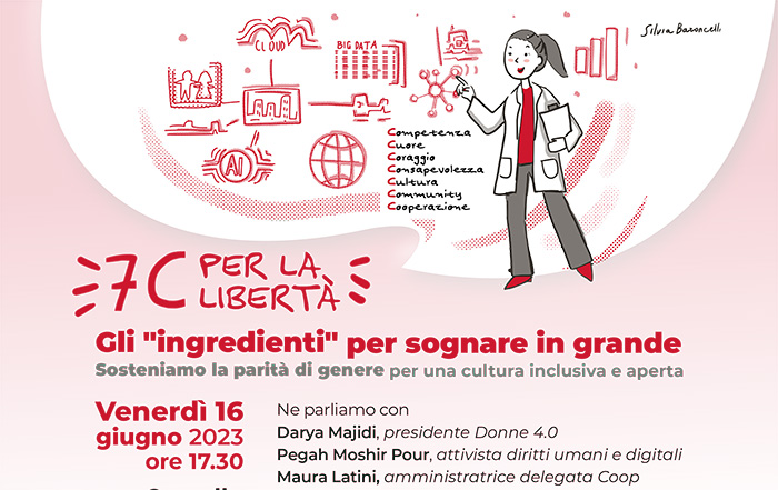 anteprima Volantino 7C per la libertà. Disegno di una donna in camice bianco con varie icone: cloud, big data, ai, mondo e altre
