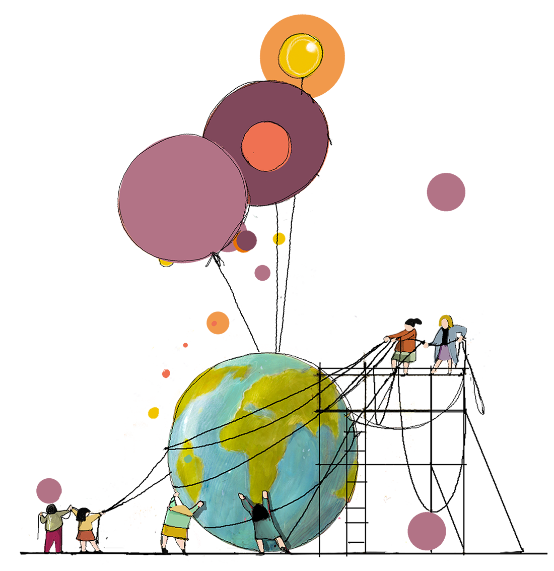 Disegno di bambini su scala che avvolgono la Terra con fili Disegno di bambini su scala che avvolgono la Terra con fili