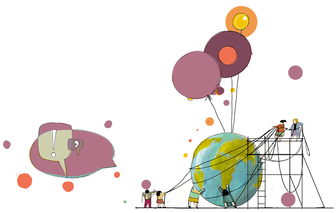 Disegno di bambini su scala che avvolgono la Terra con fili Disegno di bambini su scala che avvolgono la Terra con fili