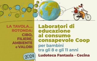anteprima locandina laboratori di educazione al consumo consapevole. disegno di uomo su bicicletta con bambino che ha dei palloni a forma di Terra.