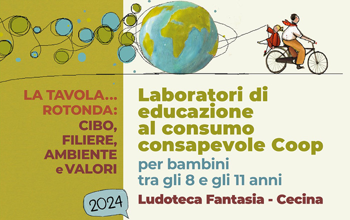anteprima locandina laboratori di educazione al consumo consapevole. disegno di uomo su bicicletta con bambino che ha dei palloni a forma di Terra.