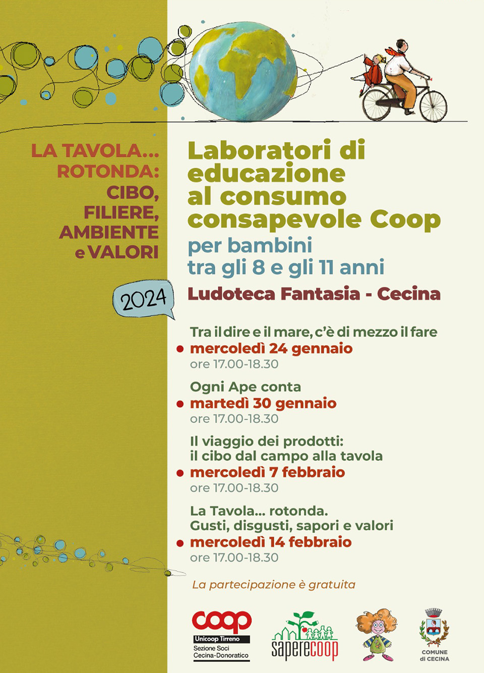 locandina laboratori di educazione al consumo consapevole. disegno di uomo su bicicletta con bambino che ha dei palloni a forma di Terra.