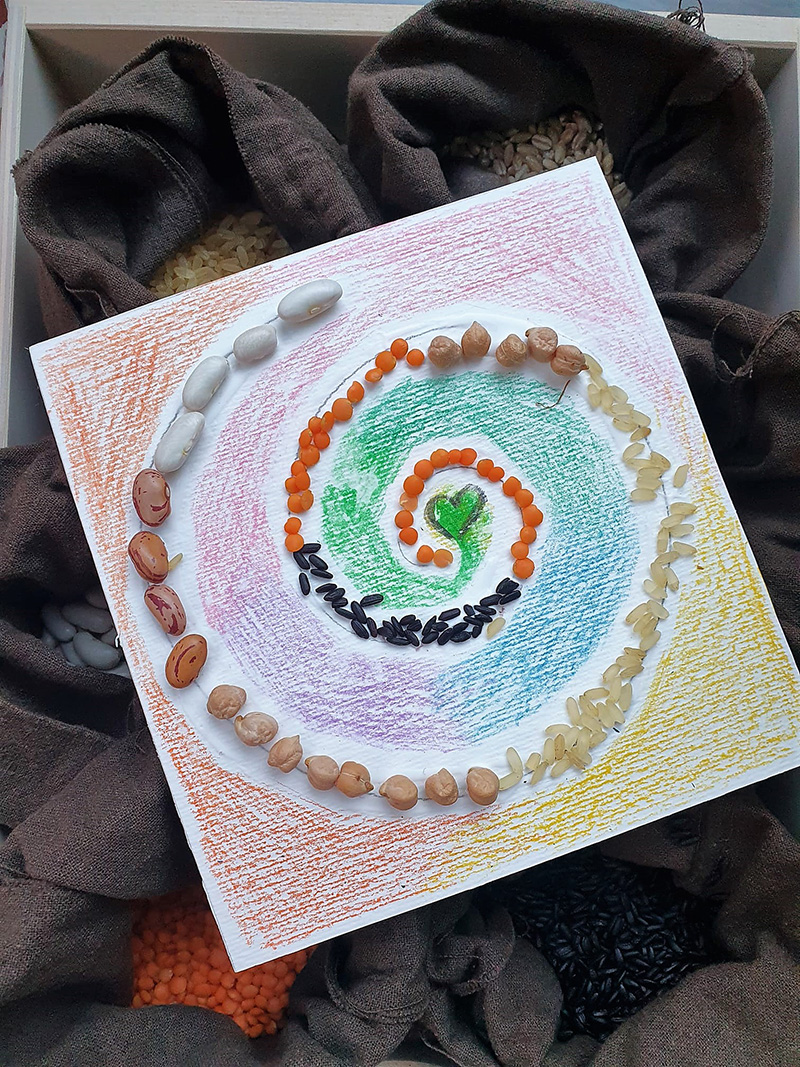 Disegno a forma di spirale con chicchi, semi e fagioli Disegno a forma di spirale con chicchi, semi e fagioli