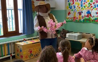 una maestra spiega ai bambini l'impollinazione