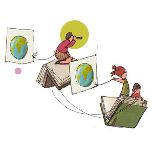 Disegno di bambini con binocolo che fluttuano su libri