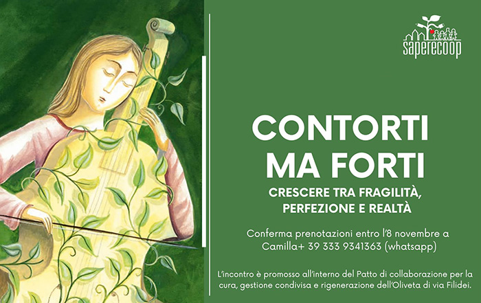 anteprima volantino contorti ma forti con disegno di ragazza che suona il contrabbasso