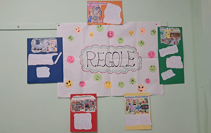 cartellone con disegni di bambini per progetto le regole del gioco