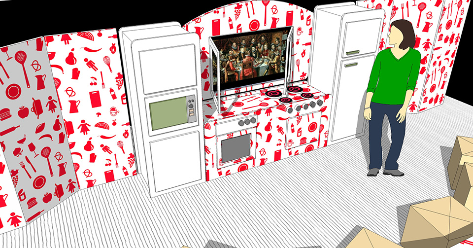 Struttura mobile 'Kitchen' che riproduce una cucina domestica