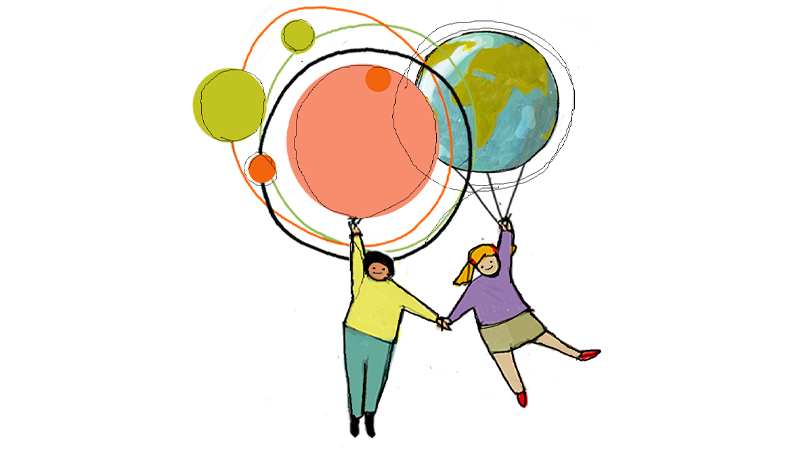 bambini con palloncini e uno a forma di pianeta Terra