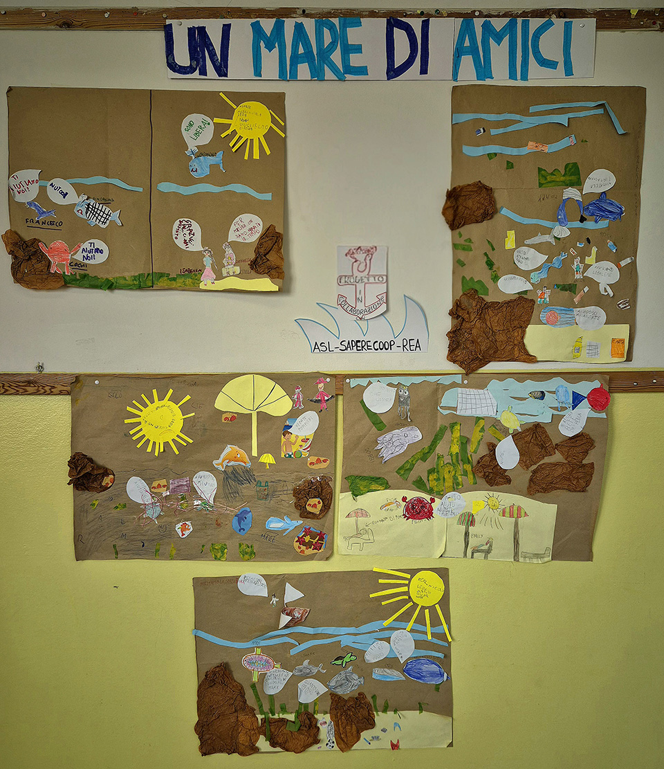 cartellone un mare di amici con vari disegni creati da bambini