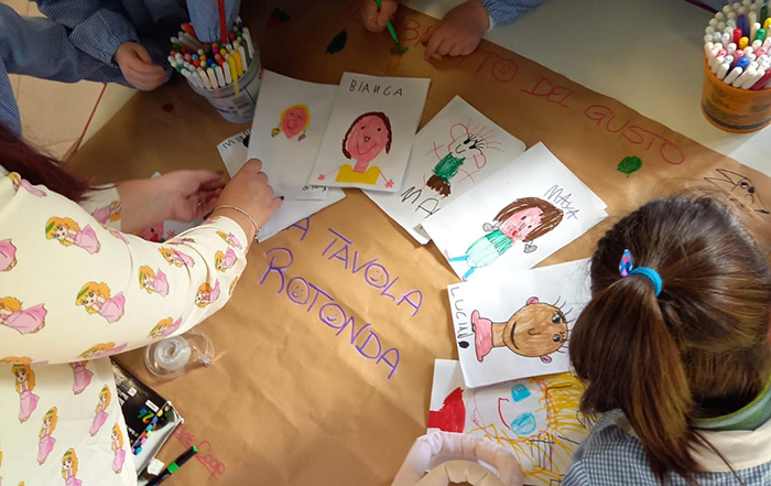foto di bambini che creano un cartellone con disegni per progetto tavola rotonda