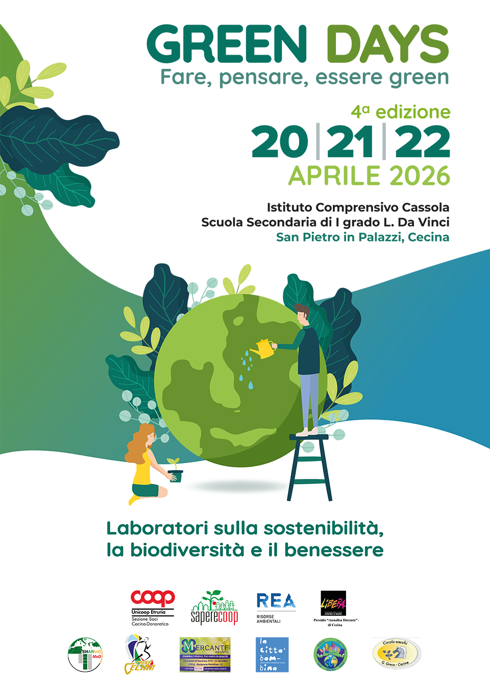 volantino green days, aprile 2026 con immagine di uomo che innaffia il pianeta terra