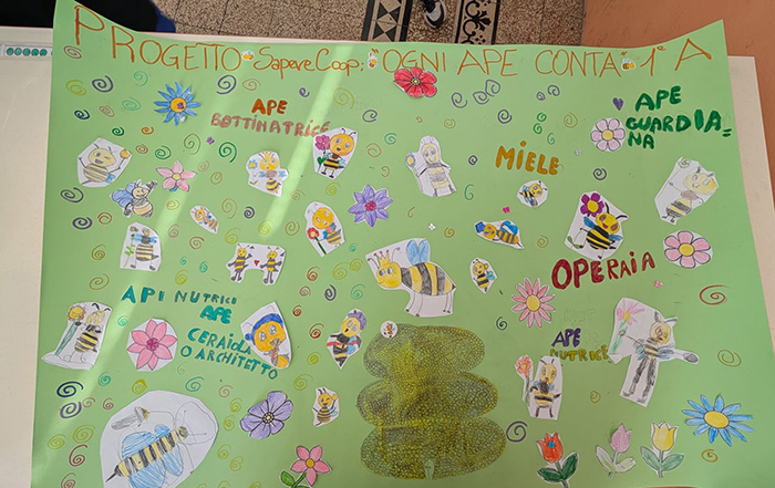 cartellone progetto ogni ape conta con disegni di api e fiori