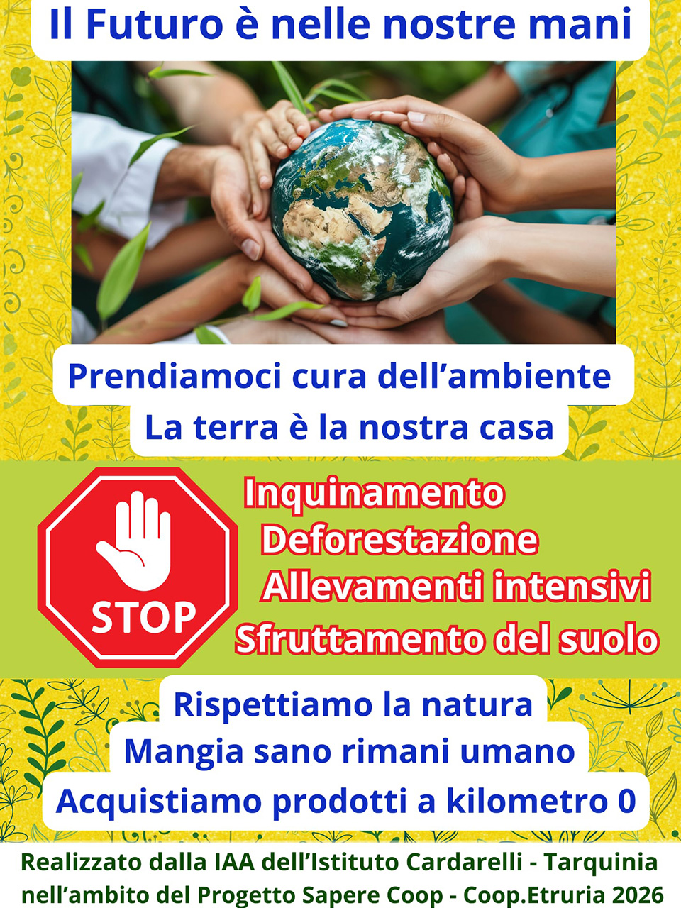locandina il futuro è nelle nostre mani con foto di mani che reggono il pianeta terra
