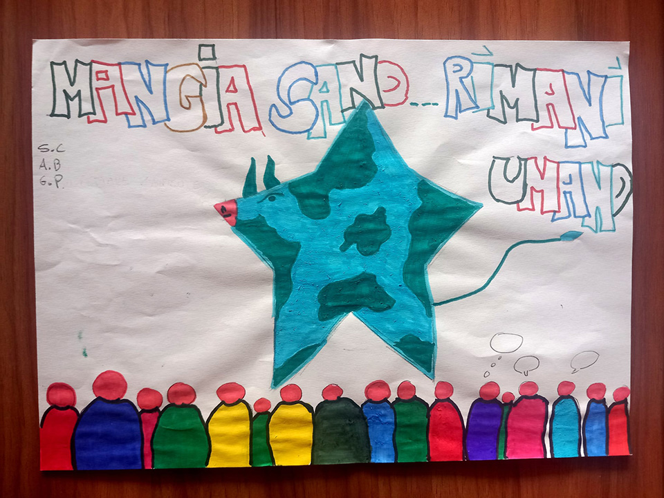 disegno mangia sano... rimani umano con disegno di una stella e uomini stilizzati