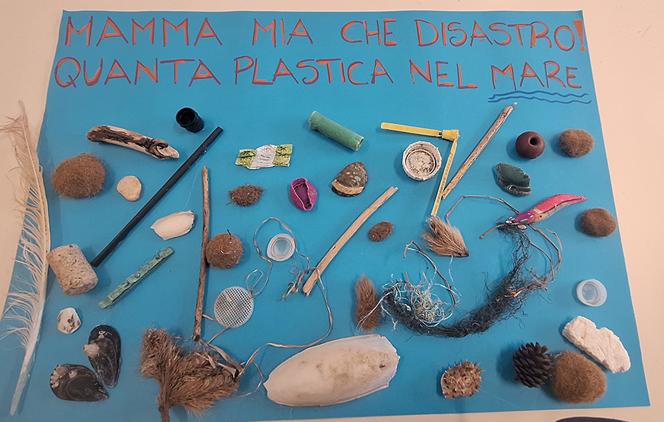 cartellone dal titolo mamma mia che disastro quanta plastica nel mare con diversi oggetti di plastica