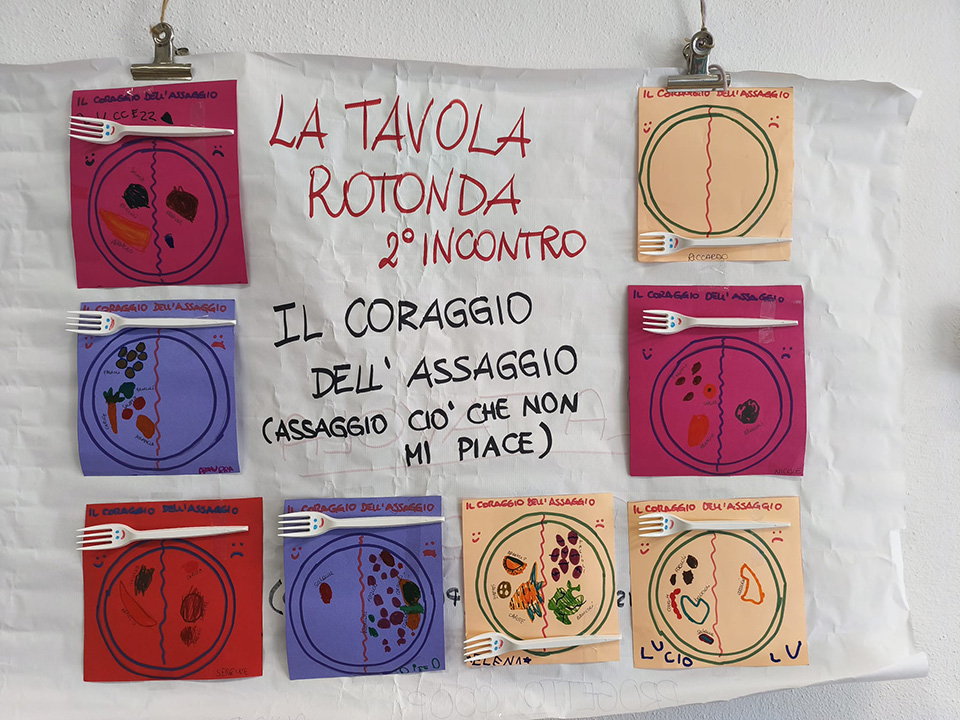 cartellone la avola rotonda secondo incontro con disegni di piatti e pietanze