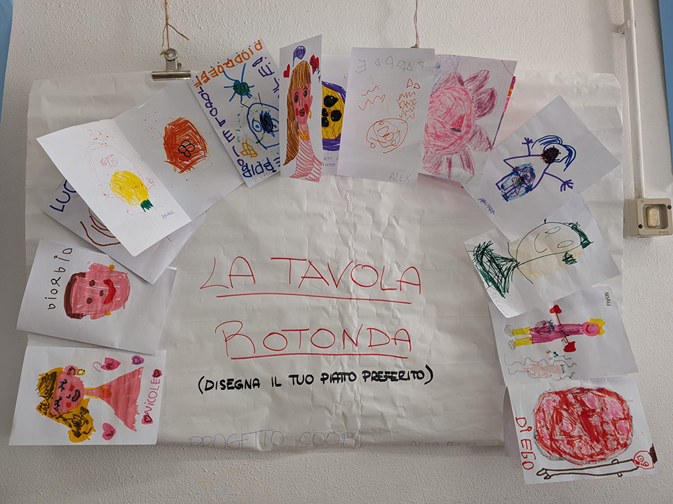 cartellone la tavola rotonda con disegni creati da bambini