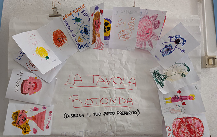 cartellone la tavola rotonda con disegni creati da bambini