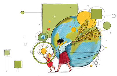 disegno di donna e bambina davanti al pianeta Terra disegno di donna e bambina davanti al pianeta Terra