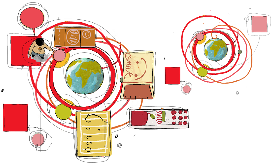 disegno di uomo, pianeta Terra e variprodotti alimentari disegno di uomo, pianeta Terra e variprodotti alimentari