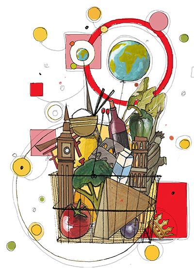 disegno di cestino con monumenti, pianeta Terra e prodotti alimentari