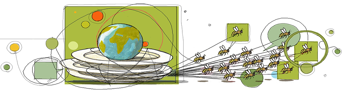 disegno di api che trainano piatti con pianeta Terra disegno di api che trainano piatti con pianeta Terra