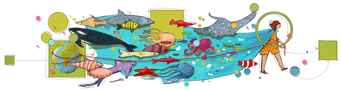 disegno di donna con mantello su cui ci sono creature del mare